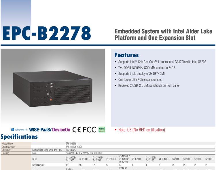 研華EPC-B2278 適配Intel 第12代 Core i 系列處理器，搭載Q670E芯片組。2U高度，精簡(jiǎn)尺寸，性能強(qiáng)勁，是小尺寸高性能場(chǎng)景的理想解決方案。