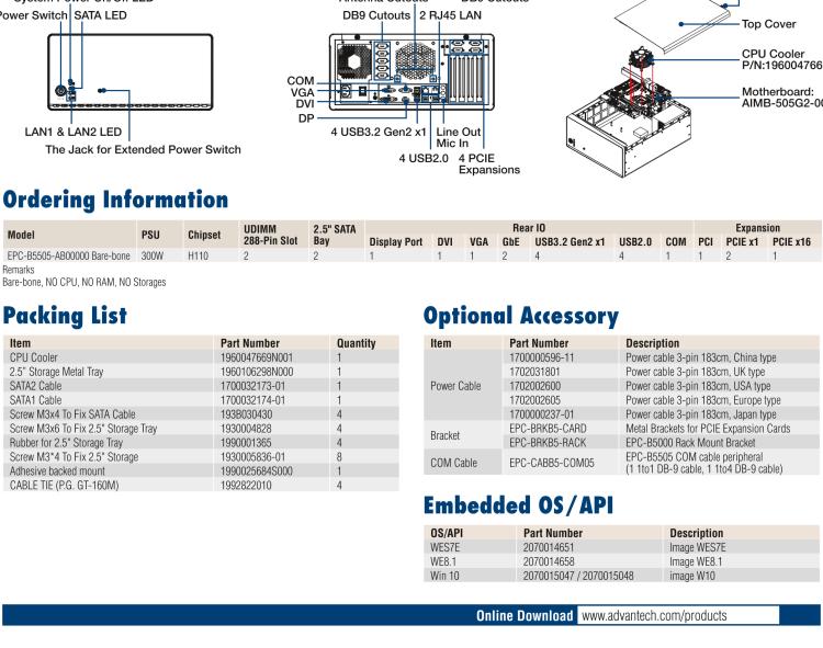 研華EPC-B5505 適配Intel? 第6/7代 Core ? i/Xeon E3系列處理器，搭載H110芯片組。標準4U上架，廣泛適用于各種行業(yè)。