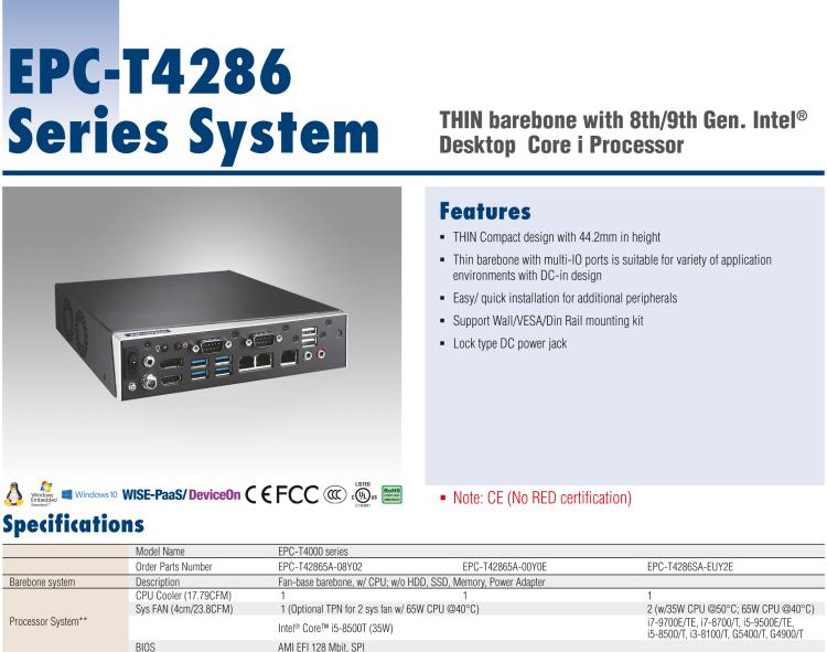 研華EPC-T4286 適配Intel? 第8/9代 Core? i 系列處理器，搭載H310芯片組。1U超薄高度，性能強(qiáng)勁。