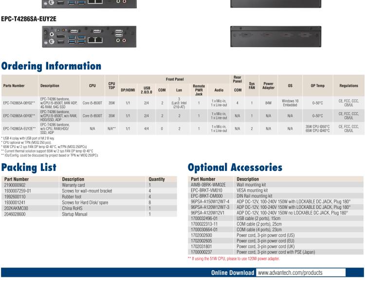 研華EPC-T4286 適配Intel? 第8/9代 Core? i 系列處理器，搭載H310芯片組。1U超薄高度，性能強(qiáng)勁。