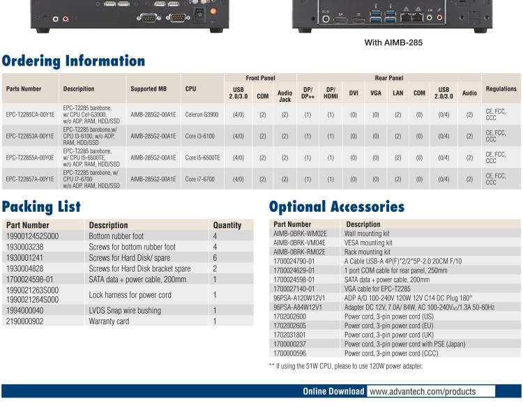 研華EPC-T2285 適配Intel? 第6/7代 Core? i 系列處理器，搭載H110芯片組。1U超薄高度，性能強(qiáng)勁。