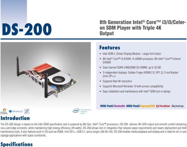 研華DS-200 Intel ? 第八代 Core? i3/i5 SDM，支持4K三顯的數(shù)字標(biāo)牌播放器