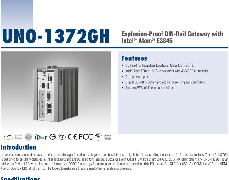 研華UNO-1372GH 通過Class I，Division 2認(rèn)證的導(dǎo)軌安裝工業(yè)控制器，搭配英特爾?凌動(dòng)?四核處理器