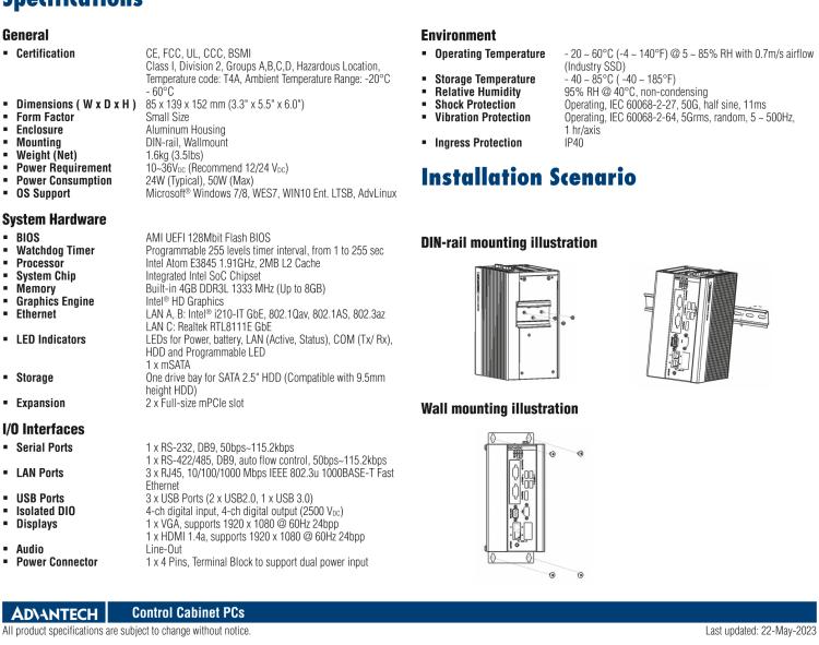 研華UNO-1372GH 通過Class I，Division 2認(rèn)證的導(dǎo)軌安裝工業(yè)控制器，搭配英特爾?凌動(dòng)?四核處理器
