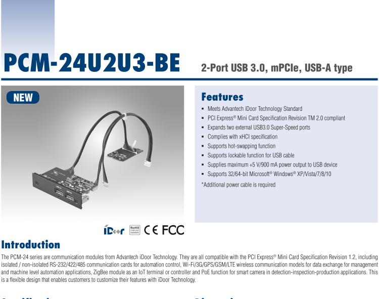 研華PCM-24U2U3 2端口USB 3.0，mPCIe，USB-A型