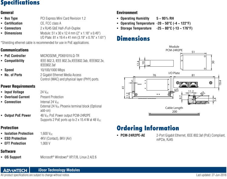 研華PCM-24R2PE 2端口千兆以太網(wǎng)，兼容IEEE 802.3af（PoE），mPCIe，RJ45