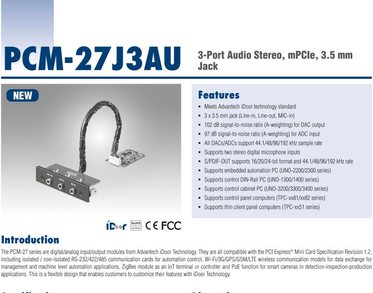 研華PCM-27J3AU 3端口立體聲音頻，mPCIe，3.5毫米插孔