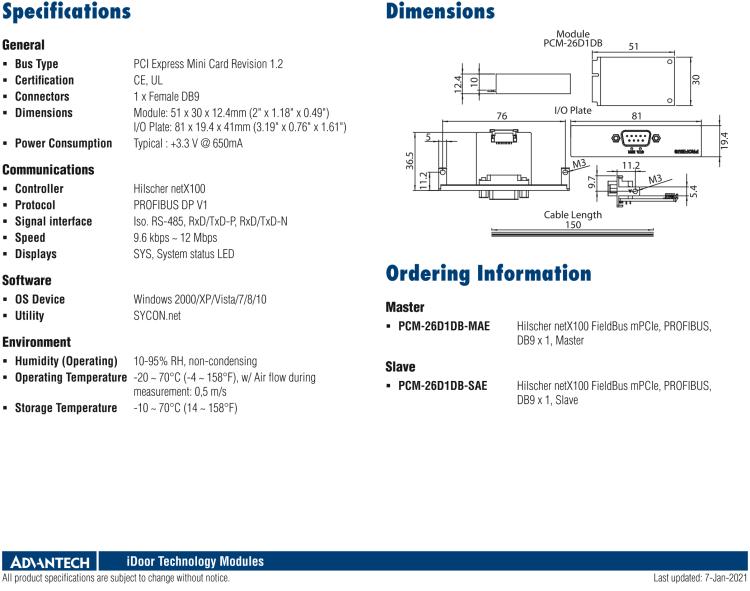 研華PCM-26D1DB 1端口 Hilscher netX100 現(xiàn)場總線 mPCIe，PROFIBUS，DB9