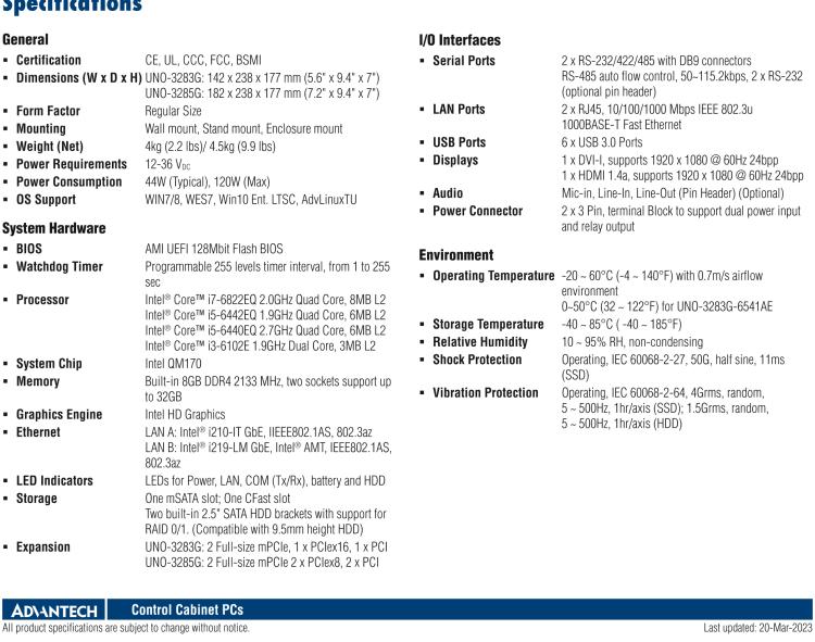 研華UNO-3283G 高效能嵌入式無風扇工業(yè)電腦，搭配Intel? Core? i 處理器，2×GbE, 2×mPCIe, HDMI, DVI-I