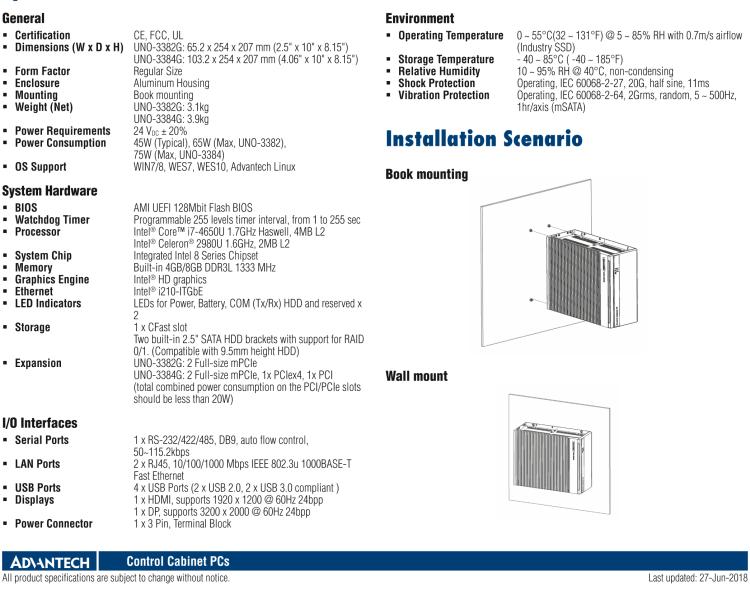 研華UNO-3382G Intel? Core? i7/Celeron控制柜PC，2 x GbE, 2 x mPCIe, HDMI/DP