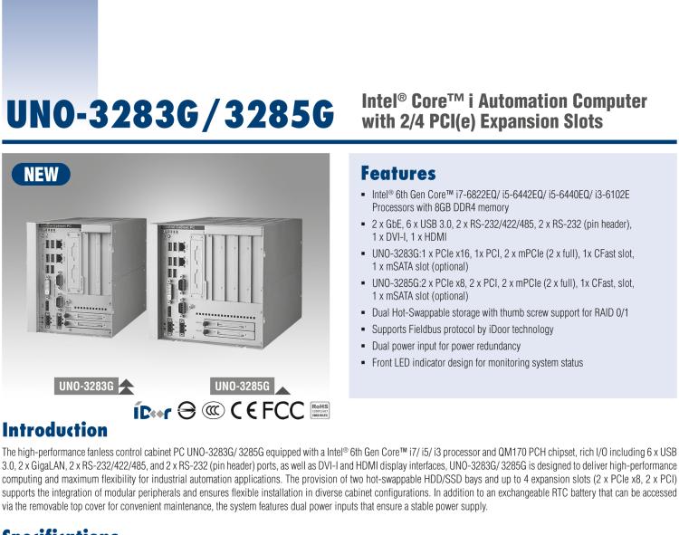 研華UNO-3285G 高效能嵌入式無風(fēng)扇工業(yè)電腦，搭配Intel? Core? i 處理器，4×PCI(e) 擴展槽, 2×GbE, 2×mPCIe, HDMI, DVI-I