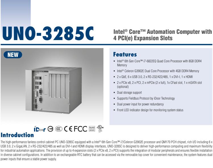 研華UNO-3285C 搭配Intel? Core?處理器，4×PCI(e) 擴展槽，2 x GbE, 2 x mPCIe, HDMI, DVI-I