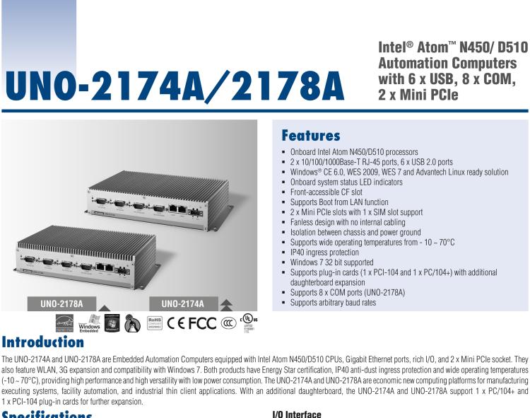 研華UNO-2178A Intel? Atom? D510無風(fēng)扇嵌入式工業(yè)電腦，6 x USB, 8 x COM, 2 x Mini PCIe