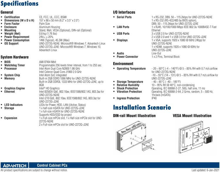 研華UNO-2272G 袖珍型嵌入式工控機(jī)，搭配Intel? Atom?處理器，1 x GbE, 2 x mPCIe, VGA/HDMI