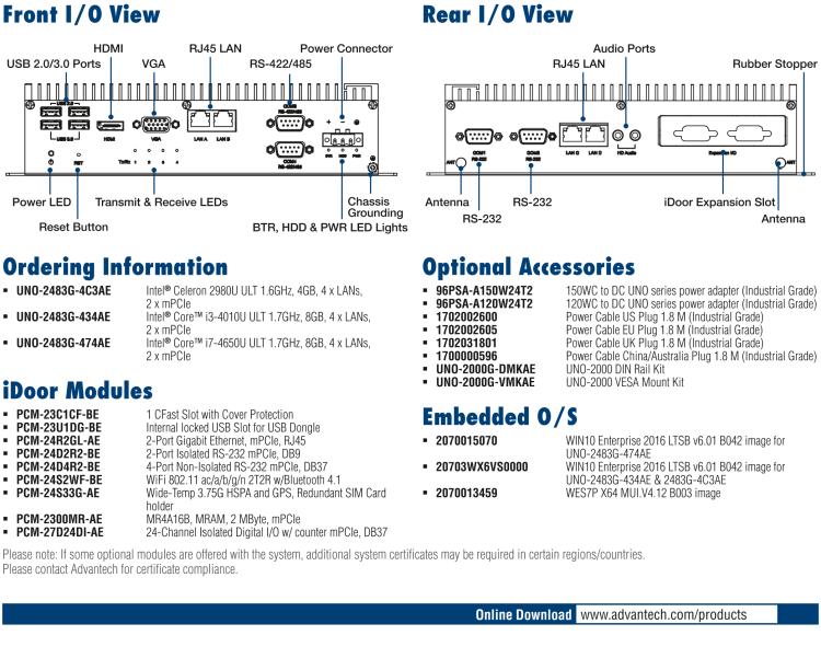 研華UNO-2483G 標準型嵌入式無風扇工業(yè)電腦，搭配Intel? Core? i7/i3/Celeron處理器，4×GbE, 3×mPCIe, HDMI/VGA