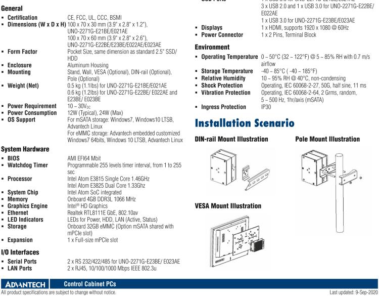 研華UNO-2271G 小型智慧工廠數(shù)據網關，搭載Intel? Atom?處理器，2 x GbE, 1 x mPCIe, HDMI, eMMC