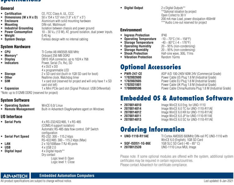 研華UNO-1110 導(dǎo)軌安裝型工業(yè)控制器，搭配TI Coretex AM3505 處理器，2×LAN，5×COM，4×USB，1 GB SD卡