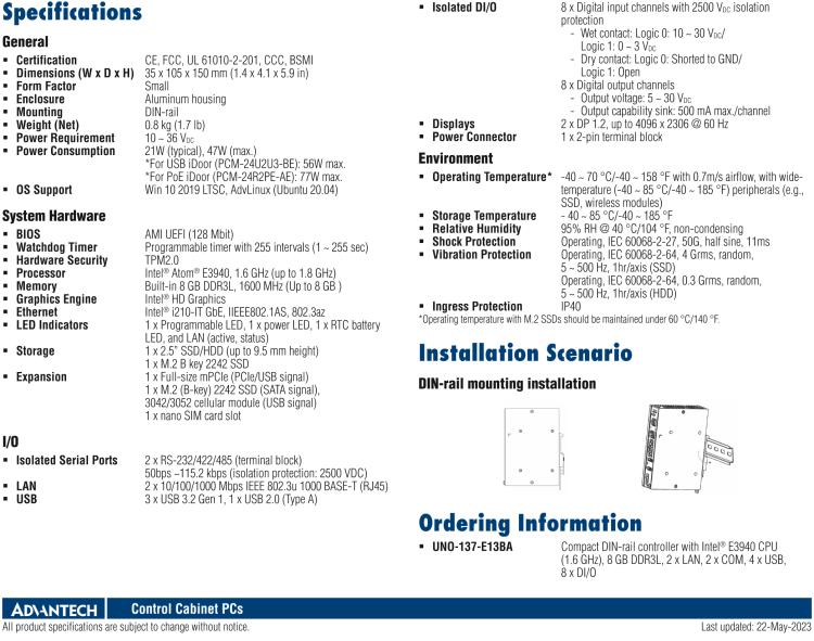 研華UNO-137 DIN導(dǎo)軌控制器，配備Intel?Atom?E3940 CPU、2個(gè)LAN、2個(gè)COM、3個(gè)USB 3.0、1個(gè)USB 2.0、2個(gè)DP 1.2、8個(gè)DI、8個(gè)DO、1個(gè)M.2、1個(gè)mPCIe、TPM 2.0