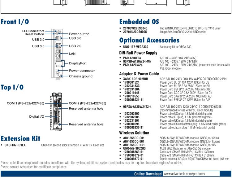 研華UNO-137 DIN導(dǎo)軌控制器，配備Intel?Atom?E3940 CPU、2個(gè)LAN、2個(gè)COM、3個(gè)USB 3.0、1個(gè)USB 2.0、2個(gè)DP 1.2、8個(gè)DI、8個(gè)DO、1個(gè)M.2、1個(gè)mPCIe、TPM 2.0