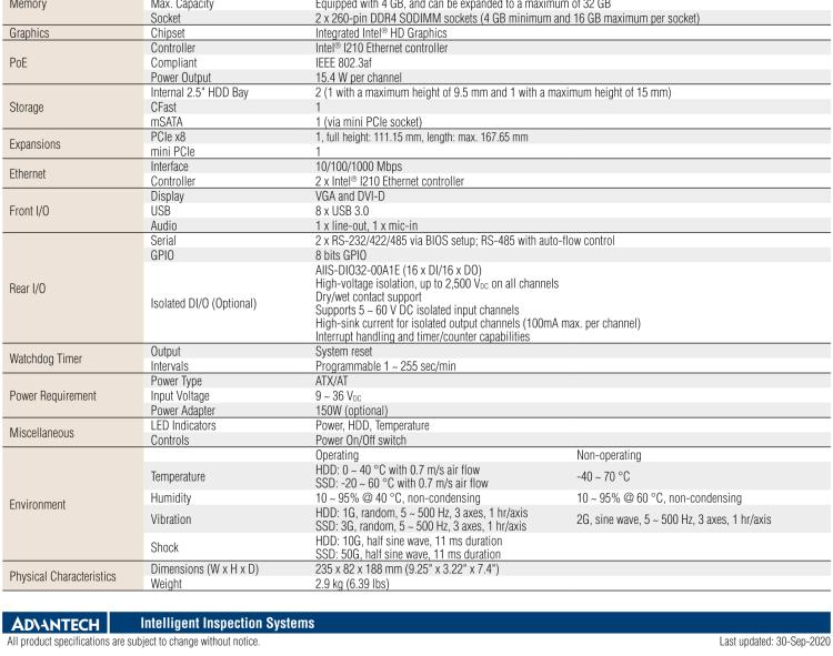 研華AIIS-5410P 無風(fēng)扇視覺系統(tǒng)，Intel Core? i 處理器，4通道 GigE PoE 相機界面和 PCIe 插槽