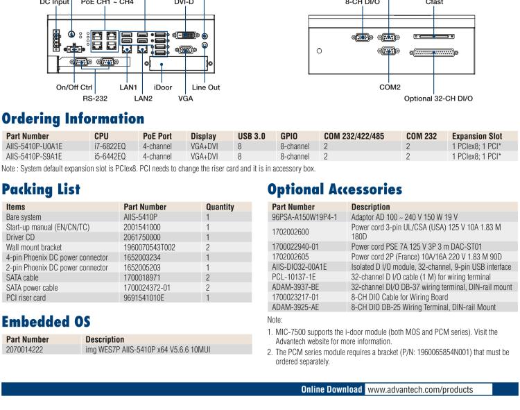 研華AIIS-5410P 無風(fēng)扇視覺系統(tǒng)，Intel Core? i 處理器，4通道 GigE PoE 相機界面和 PCIe 插槽