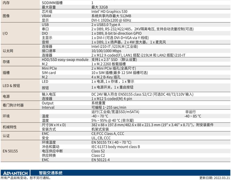 研華ITA-5231W 英特爾?第六代酷睿?i處理器無風扇系統(tǒng)；符合EN 50155的鐵路應用