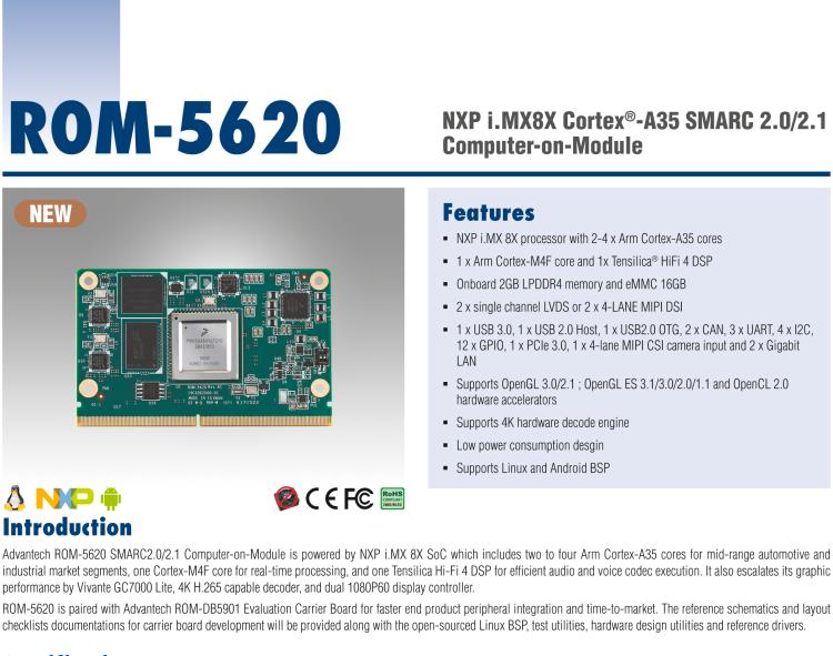 研華ROM-5620 基于NXP i.MX8X SMARC2.0 Arm核心板，多接口，低功耗設(shè)計