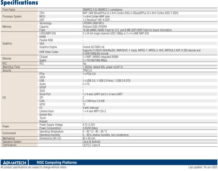 研華ROM-5620 基于NXP i.MX8X SMARC2.0 Arm核心板，多接口，低功耗設(shè)計