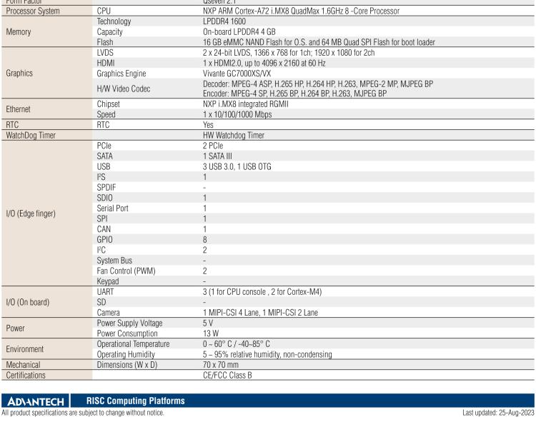 研華ROM-7720 基于NXP i.MX 8QM Qseven Arm核心模塊，多核異構(gòu)，具備優(yōu)異的計算及圖形顯示性能