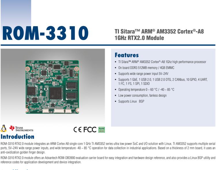 研華ROM-3310 基于TI AM3352 Cortex A8 1GHz RTX 2.0 的標(biāo)準(zhǔn)核心板，適用于寬溫抗震等工業(yè)自動(dòng)化領(lǐng)域
