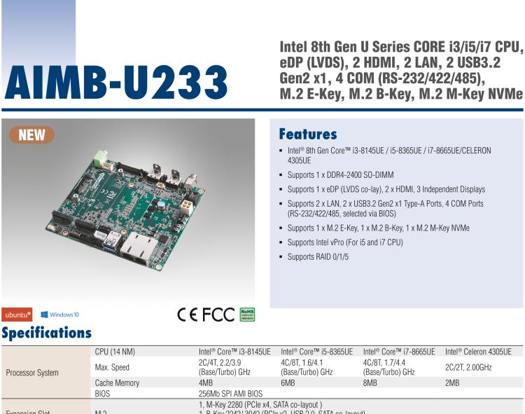 研華AIMB-U233 板載Intel 第8代 U系列 Core i3/i5/i7 處理器。低功耗高性能，無風扇設(shè)計。