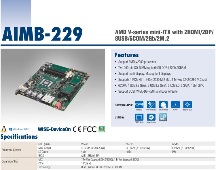 研華AIMB-229 板載AMD V2000系列8核/16線程CPU。視頻圖像處理性能強(qiáng)勁，接口豐富，超薄緊湊設(shè)計(jì)。
