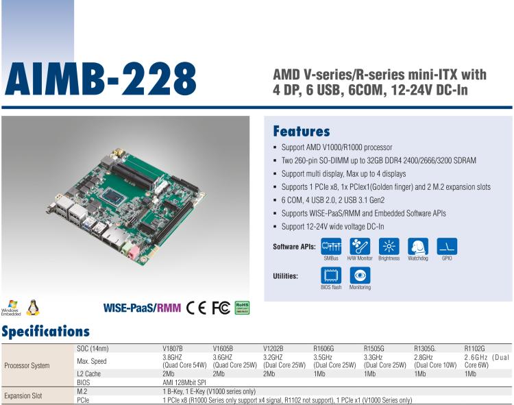 研華AIMB-228 板載AMD V系列/R系列處理器。超薄設(shè)計，支持寬壓，廣泛應(yīng)用在圖像處理、醫(yī)療影像等行業(yè)上。