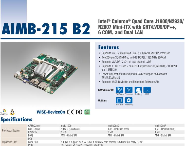 研華AIMB-215 板載Intel? 第4代 賽揚處理器。豐富的擴展，無風扇設計，支持寬溫寬壓。