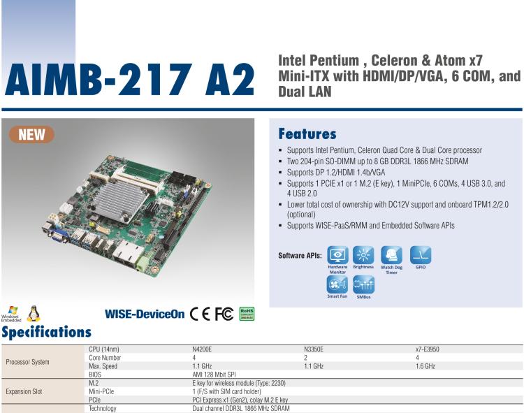 研華AIMB-217 板載Intel? 第6代 奔騰、賽揚(yáng)、凌動系列處理器。擁有多COM和雙千兆網(wǎng)口，超薄緊湊，無風(fēng)扇設(shè)計，支持寬溫。