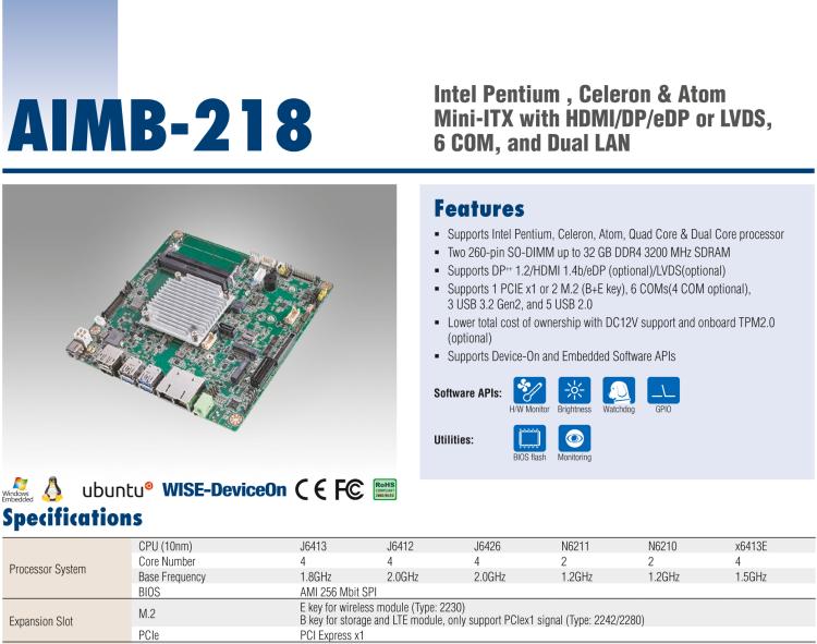 研華AIMB-218 板載Intel? 第8代 奔騰/賽揚(yáng)/凌動系列處理器。支持獨立三顯，超薄緊湊，無風(fēng)扇設(shè)計，支持寬溫。