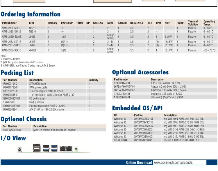 研華AIMB-218 板載Intel? 第8代 奔騰/賽揚(yáng)/凌動系列處理器。支持獨立三顯，超薄緊湊，無風(fēng)扇設(shè)計，支持寬溫。