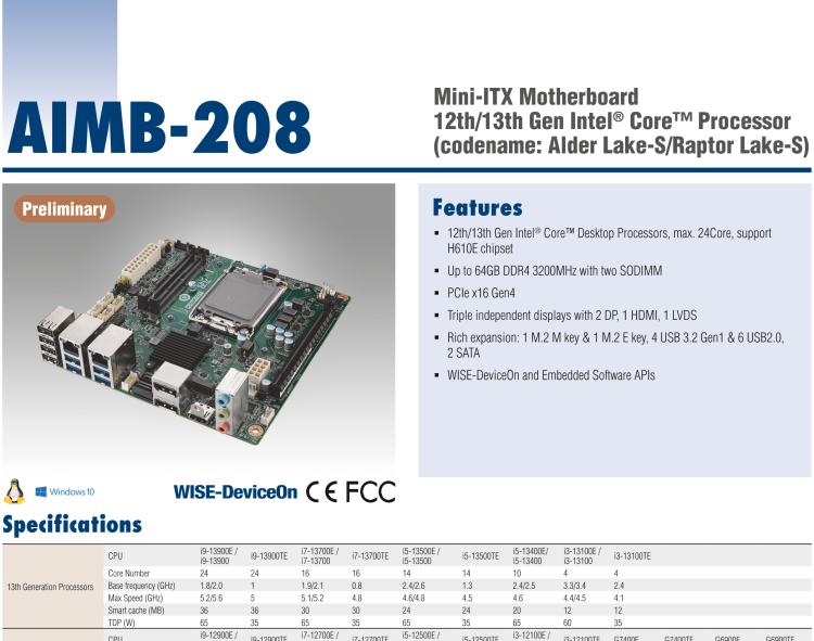 研華AIMB-208 適配Intel 第12/13代 Core i/奔騰系列處理器，搭載H110芯片組。高性價比，擁有豐富的擴展接口，通用性強，穩(wěn)定可靠。