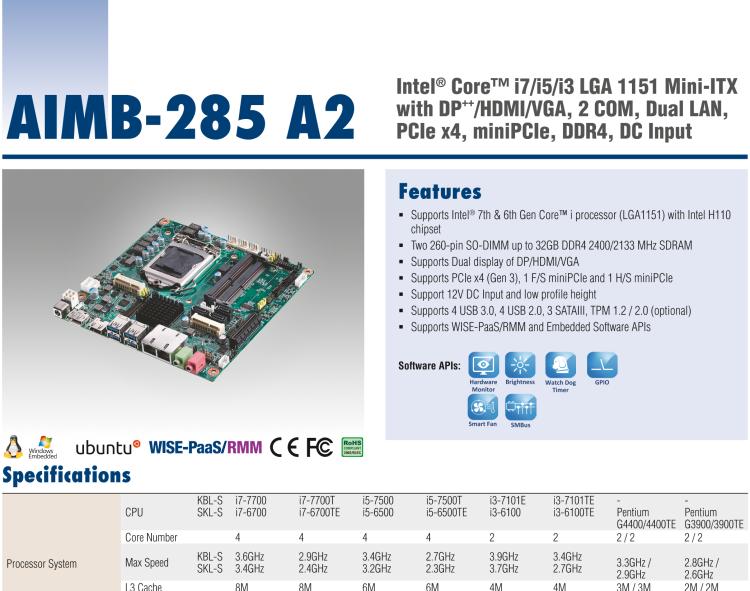 研華AIMB-285 適配Intel? 第6/7代 Core? i 處理器，搭載H110芯片組。超薄緊湊，是理想的高性?xún)r(jià)比解決方案。