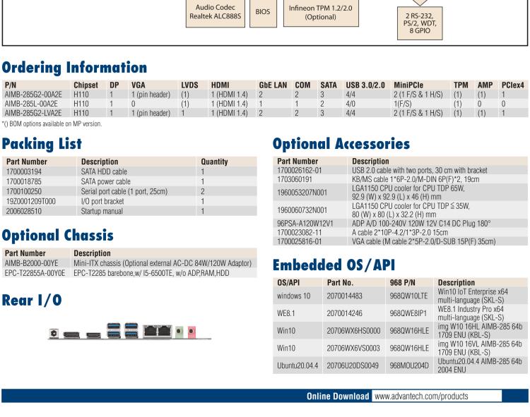 研華AIMB-285 適配Intel? 第6/7代 Core? i 處理器，搭載H110芯片組。超薄緊湊，是理想的高性?xún)r(jià)比解決方案。