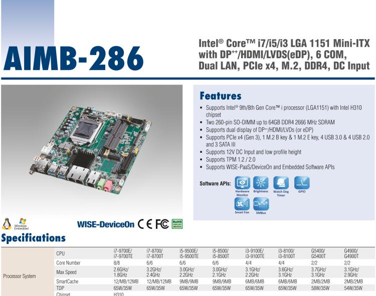 研華AIMB-286 Intel? 第8/9代 Core? i 系列處理器，搭載Intel H310芯片組。超薄設(shè)計，結(jié)構(gòu)緊湊。