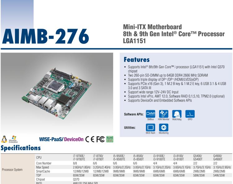 研華AIMB-276 適配Intel 第8/9代 Core?i7/i5/i3 處理器，搭載Q370芯片組。超高性能，是邊緣計算、AI視頻檢測等理想解決方案。