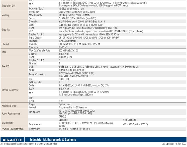 研華AIMB-276 適配Intel 第8/9代 Core?i7/i5/i3 處理器，搭載Q370芯片組。超高性能，是邊緣計算、AI視頻檢測等理想解決方案。