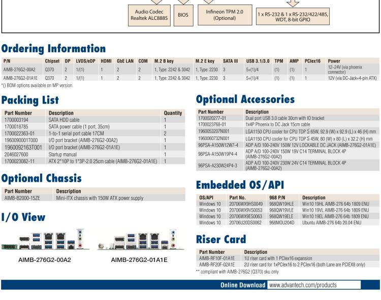 研華AIMB-276 適配Intel 第8/9代 Core?i7/i5/i3 處理器，搭載Q370芯片組。超高性能，是邊緣計算、AI視頻檢測等理想解決方案。