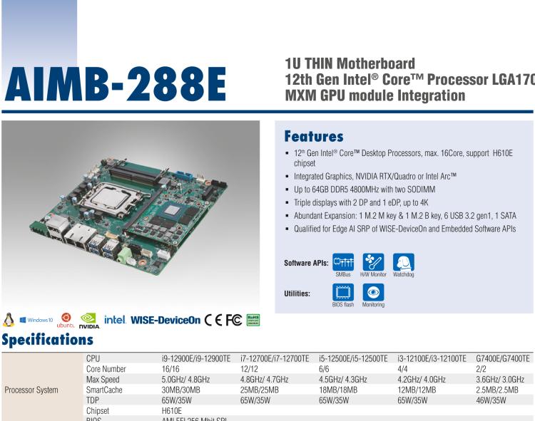 研華AIMB-288E 板載Intel 第12代 Core i 桌面級(jí)CPU。橫向顯卡插槽，搭配NVIDIA Quadro T1000 MXM顯卡。超薄散熱設(shè)計(jì)，高性能選擇方案。