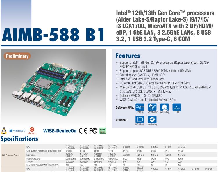 研華AIMB-588B1 適配Intel 第12/13代 Core i/奔騰系列處理器，搭載Q670E/R680E/H610E芯片組。性能可達服務(wù)器級別，獨立四顯，具備專業(yè)的圖像處理能力，是理想的行業(yè)解決方案。