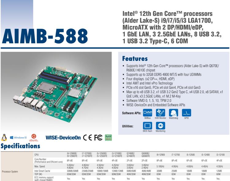 研華AIMB-588 適配Intel 第12代 Core i 系列處理器，搭載Q670E/ R680E/ H610E芯片組。高性能可達(dá)服務(wù)器級別高端產(chǎn)品，獨立四顯，專業(yè)的圖像處理能力，是理想的行業(yè)解決方案。