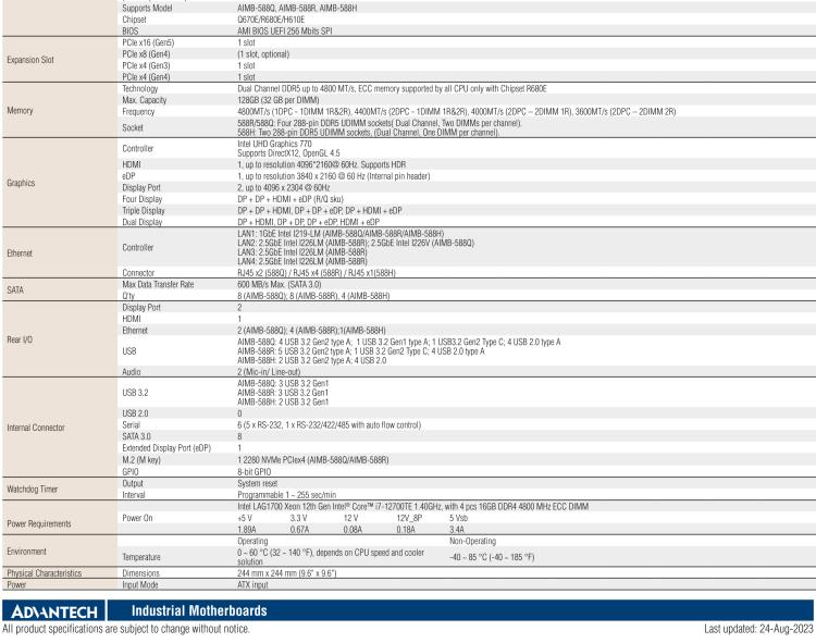 研華AIMB-588 適配Intel 第12代 Core i 系列處理器，搭載Q670E/ R680E/ H610E芯片組。高性能可達(dá)服務(wù)器級別高端產(chǎn)品，獨立四顯，專業(yè)的圖像處理能力，是理想的行業(yè)解決方案。