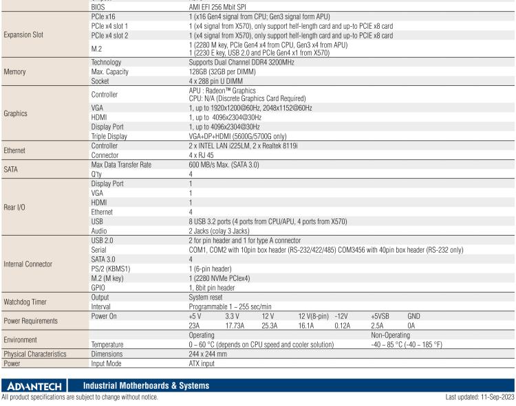 研華AIMB-522 適配AMD Ryzen? AM4 5000系列處理器，搭載X570芯片組。具有豐富接口，雙千兆網(wǎng)口和雙2.5GbE網(wǎng)口設(shè)計(jì)，用于自動(dòng)化和人工智能圖像處理等高端行業(yè)。