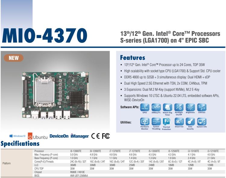 研華MIO-4370 基于第12代Intel Core處理器（Alder Lake-S系列，LGA1700 socket CPU）， 4" EPIC 單板電腦